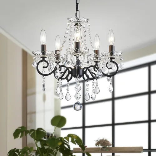 Miniatura 8 de ANJIADENGSHI Candelabro pequeño de cristal, moderno candelabro negro para comedor, mini lámpara colgante de cristal para dormitorio, lámpara