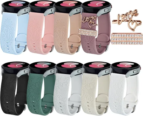 Miniatura 14 de Correas para Samsung Galaxy Watch 7/6/5/4/FE Banda 40mm 44mm con Charms, Correa de Reemplazo de Silicona con Flores Grabadas de 20mm para Mujeres
