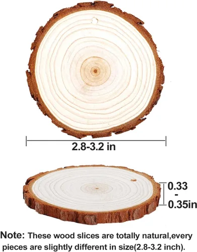 Miniatura 2 de wohohoho 32 piezas de rodajas de madera natural de 2.8-3.2 pulgadas, kit de madera para manualidades sin terminar preperforado con agujero, círculos