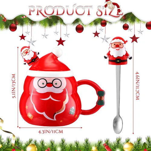Miniatura 2 de Yaomiao 4 Tazas de Navidad con Tapa de Gorro de Santa y Cuchara 16 oz Taza de Café de Cerámica Linda de Navidad Árbol Festivo Campana Santa Muñeco