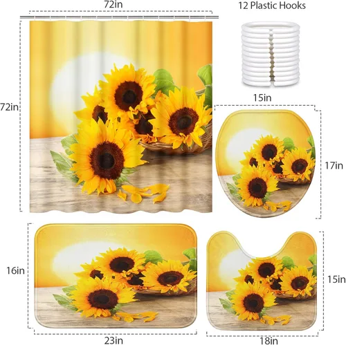Miniatura 2 de Britimes Juego de cortinas de ducha de 4 piezas, con 12 ganchos, girasol de sol de verano con alfombras antideslizantes, cubierta de tapa de inodoro