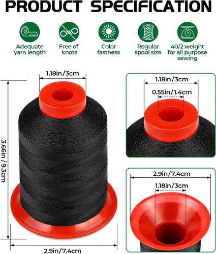 Miniatura 2 de 1000 metros de hilo para tapicería FIVEIZERO extra fuerte, hilo de nailon negro para denim, cuero, manualidades, máquina, bricolaje y hogar