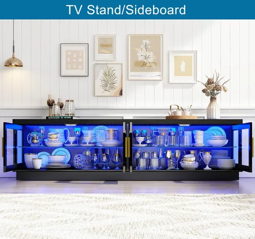 Miniatura 8 de Hlivelood Soporte de TV LED de 71 pulgadas para TV de 85/80/75 pulgadas, soporte de TV negro brillante moderno para sala de estar, centro