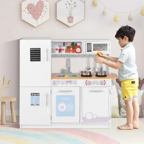 Miniatura 6 de Costzon Juego de cocina para niños, juego de cocina de juguete de madera con pizarra, grifo, fregadero, horno, microondas, lavavajillas, accesorios