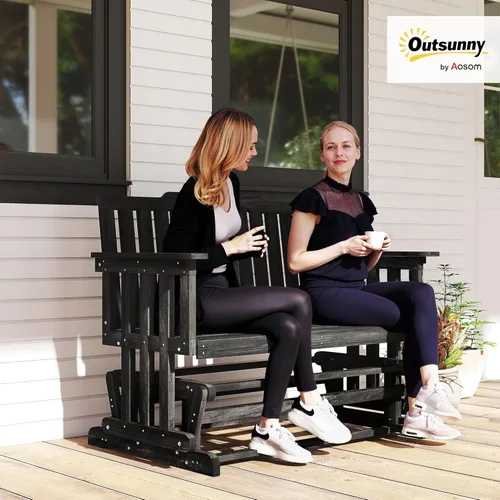 Miniatura 2 de Outsunny Banco de columpio para patio para 2 personas con diseño de secado rápido y reposabrazos anchos, mecedora de madera para patio trasero, Negro