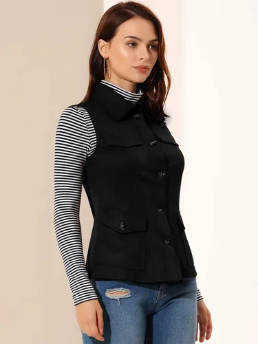Miniatura 4 de Allegra K Chaleco de gamuza sintética para mujer, chaqueta sin mangas con botones y bolsillo tipo cargo