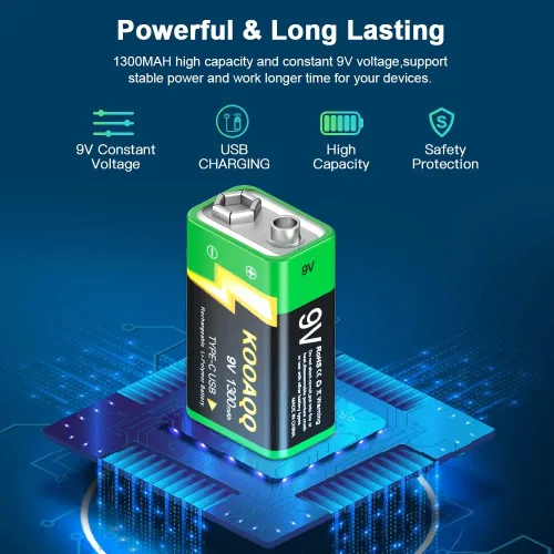 Miniatura 2 de Baterías recargables de 9 V, batería de litio de 1300 mAh de 9 voltios para alarmas de humo, micrófonos, walkie-talkie, juguetes, etc., recarga