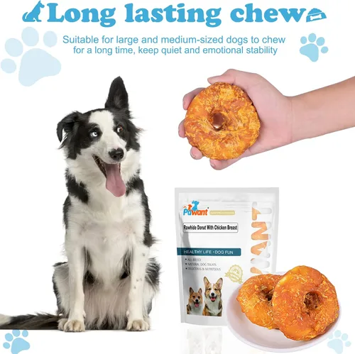 Miniatura 4 de Golosinas para perros de larga duración para perros grandes, dientes limpios envueltos en pollo, donas de cuero crudo, 1 lb/454 g