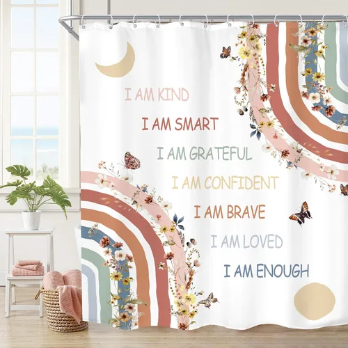 Miniatura 15 de Cortina de ducha infantil boho con arco iris, 60 pulgadas de ancho x 72 pulgadas de alto, citas inspiradoras, abstracto, motivacional, positivo