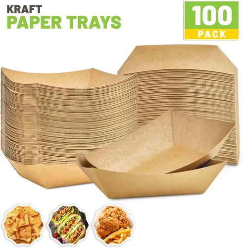 Miniatura 3 de ZORRITA - Bandejas de papel para alimentos de 3 libras - Paquete de 100 bandejas desechables para nachos, bandejas de papel kraft para tacos, cestas