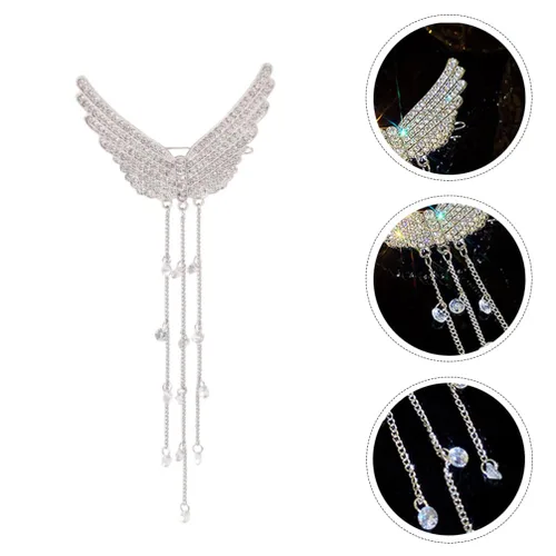 Miniatura 9 de Lurrose Pinza para el cabello con borlas con tachuelas de diamantes de imitación, alfiler de ala de ángel plateado, 5.70 pulgadas, accesorio