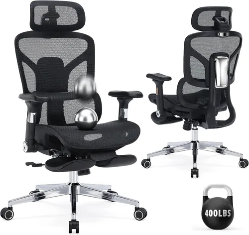 Silla de oficina ergonómica con reposapiés, silla de escritorio de malla resistente de 400 libras, reposabrazos 5D, lumbar 3D, respaldo de 5