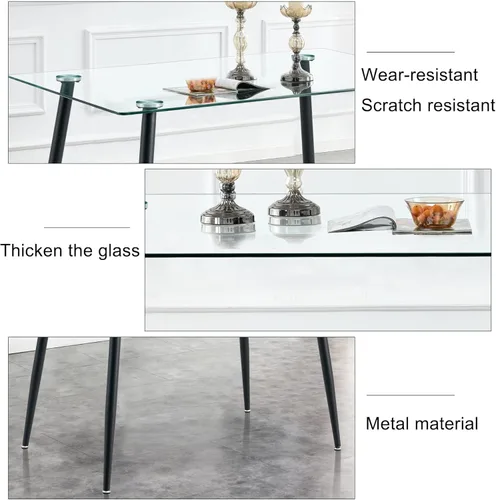 Miniatura 6 de Baysitone Mesa de comedor de cristal para 4 personas con tapa de vidrio rectangular transparente de 51 pulgadas, muebles de cocina de vidrio Negro