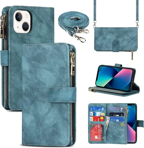 Miniatura 8 de Funda Cartera para iPhone 13/14 con Tarjetero, Funda Cruzada con Correa para el Hombro, Bolsillo con Cremallera Cartera de Cuero PU para iPhone 13