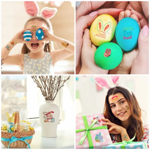 Miniatura 5 de 66 tatuajes de Pascua, 12 hojas coloridas de huevos de conejo, pollo, flores de primavera, calcomanías de mariposa para relleno de huevos de Pascua