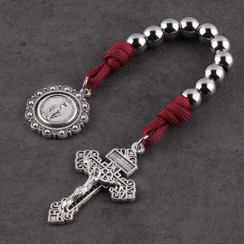 Miniatura 55 de Rosario de bolsillo estilo abierto una década de acero inoxidable rosario católico con crucifijo medalla de San Benito con bolsa de regalo