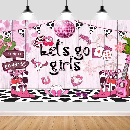 Miniatura 3 de Fondo de vaquera rosa de 5 x 3 pies con estampado de vaca disco occidental para niñas, cumpleaños, despedida de soltera, adolescente, decoración