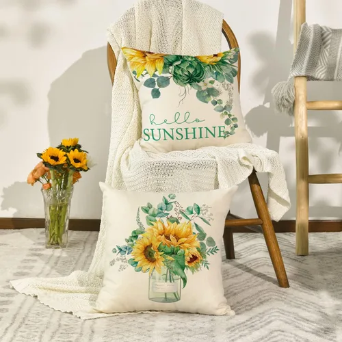 Miniatura 5 de AVOIN colorlife Juego de 4 fundas de almohada con diseño de girasol en acuarela, 16 x 16 pulgadas, con hojas de eucalipto, para verano, fiestas
