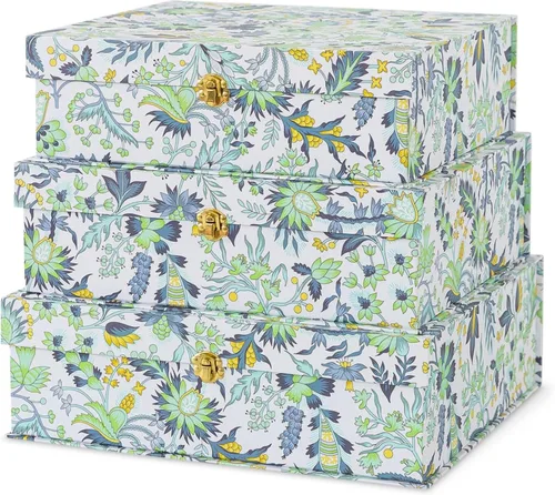 Miniatura 10 de Soul & Lane Cajas de Almacenamiento Decorativas de Cartón Floral Azul y Blanco con Herrajes Dorados - Juego de 3, Jardín Aviario - Cajas Apilables