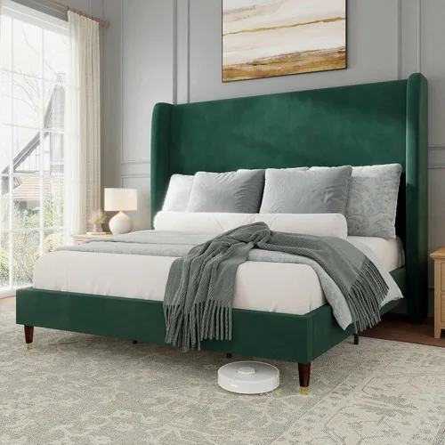 Miniatura 10 de Jocisland - Base de cama tapizada tamaño Queen con cabecera de ala alta de 51.2" con patas de madera maciza, no necesita cajón de resortes