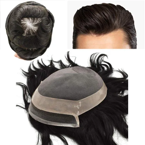 Miniatura 9 de Toupee para hombre pieza de cabello humano fino mono tupé piel de poliéster transparente alrededor de la pieza para hombres sistema de reemplazo