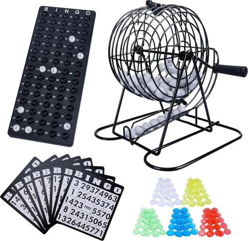 GOTHINK Juego de Bingo para Adultos y Niños - Incluye Jaula de Rueda de Metal de 8", 75 Bolas de Sorteo, Tablero Principal, 18 Tarjetas de Bingo y