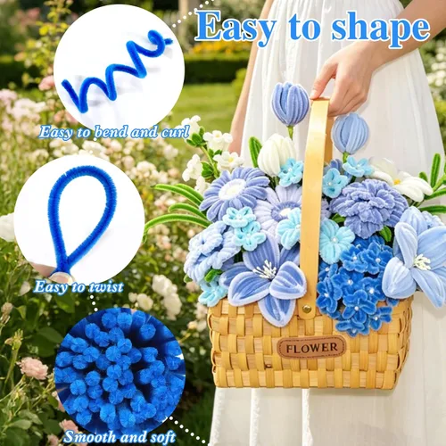 Miniatura 4 de URSDIART 311 piezas de limpiapipas azules para manualidades - Kit de fabricación de flores de tallos de felpilla, alambre grueso y esponjoso