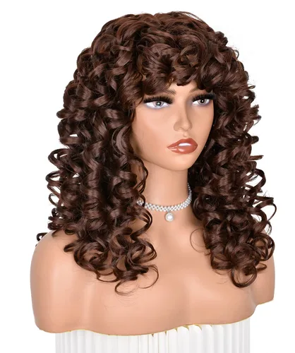 Miniatura 4 de ANNISOUL Pelucas rizadas marrones para mujeres negras, peluca afro larga con flequillo para mujeres, fibra sintética sin pegamento, pelo voluminoso