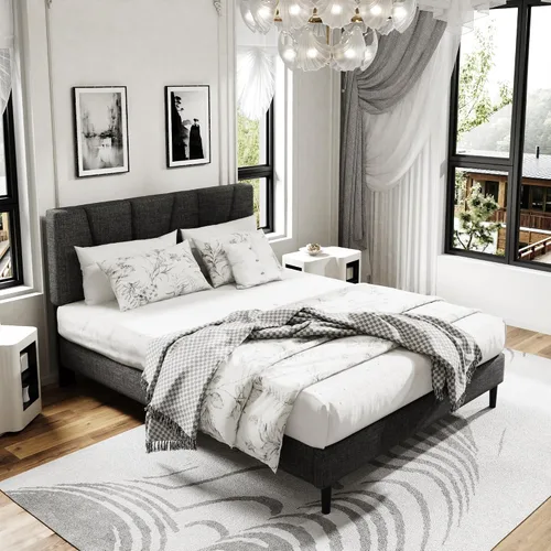 Miniatura 16 de Sismplly - Base de cama plataforma tamaño Queen con cabecero tapizado, soporte de listones de madera, sin ruido, no necesita somier, fácil montaje