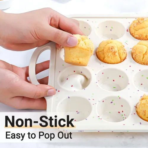 Miniatura 5 de FUNBAKY Molde de silicona para mini magdalenas, marco reforzado con metal, 24 tazas, antiadherente, moldes para mini cupcakes con asas, fáciles