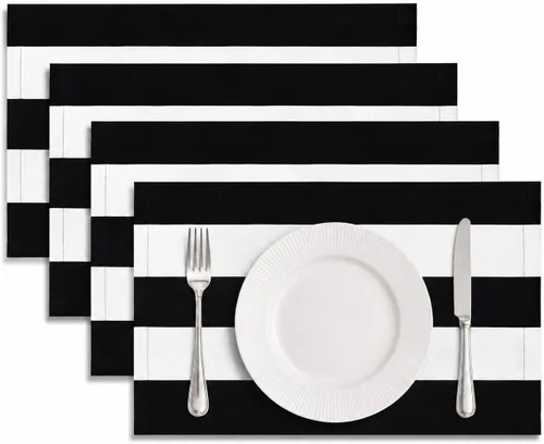 Juego de 4 manteles individuales de Letjolt, rayas negras y blancas, decoración de cocina con rayas negras, manteles para fiestas de Beetlejuice,