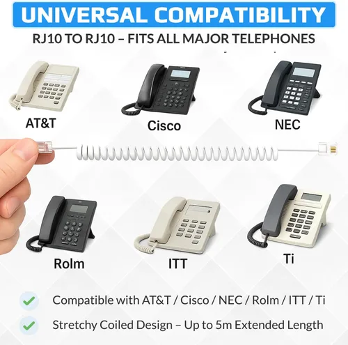 Miniatura 5 de Cable RJ10 para teléfono, cable rizado con resorte, espiral de 6 pies, compatible con teléfonos fijos y IP BT, AT&T, Cisco, NEC, ROLM, ITT, TI Negro