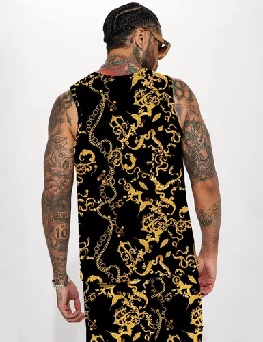 Miniatura 2 de JoZorro Conjunto de camiseta sin mangas con estampado floral para hombre, camiseta deportiva casual con estampado de lujo, ropa deportiva hawaiana