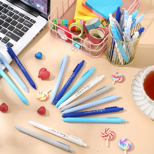 Miniatura 4 de Chuangdi Juego de 50 bolígrafos de baby shower, recuerdos para invitados, bolígrafos con texto en inglés "It's a Boy Girl", tarjetas de Azul