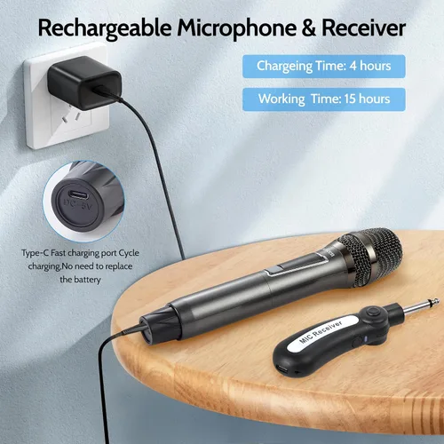 Miniatura 3 de Micrófono inalámbrico de karaoke, sistema de micrófono de mano sin demoras con receptor recargable, adecuado para cantar, enseñar, iglesia, bodas