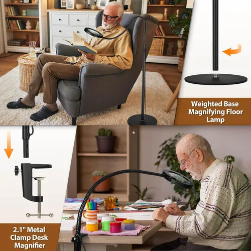 Miniatura 5 de Lupa 10X con luz y soporte, lámpara de pie flexible de cuello de cisne de 24 pulgadas, LED 3 en 1, 5 modos de color, lupa iluminada regulable sin