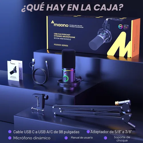 Miniatura 9 de MAONO Kit de micrófono dinámico XLR/USB, micrófono podcast RGB con software, silencio, perilla de ganancia, control de volumen, brazo de brazo
