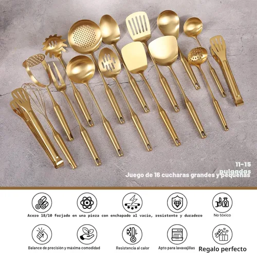 Miniatura 3 de Juego de Utensilios de Cocina Dorados – Juego de Cucharas Pequeñas y Grandes de Acero Inoxidable 18/10, 16 PIEZAS Herramientas de Cocina Totalmente