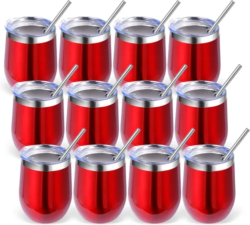 Miniatura 44 de Volhoply - Juego de 12 vasos de vino de 12 onzas con tapa, hechos de acero inoxidable con aislamiento al vacío de doble pared, vasos de vino sin Rosa
