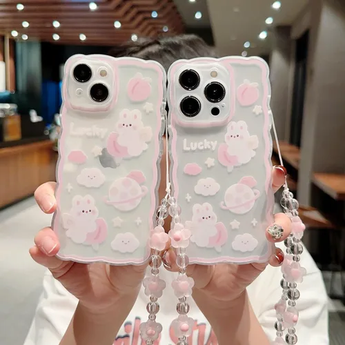 Miniatura 5 de Funda compatible con iPhone 15, patrón de conejo melocotón de dibujos animados lindo con bonito diseño de cadena, para mujeres y niñas, funda kawaii