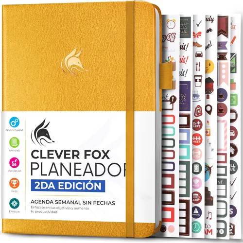Clever Fox Planificador 2 Edición en Español - Colorida Agenda de Objetivos Semanales y Mensuales, Organizadora de Tiempo, Sin Fecha A5 (Amarillo