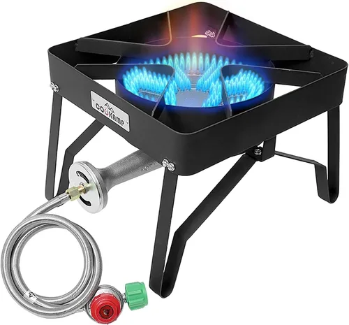 COOKAMP Quemador de Propano de Alta Presión 200,000 BTU Banjo de 1 Quemador para Exterior con Regulador Ajustable de 0-30 PSI y Manguera de Acero