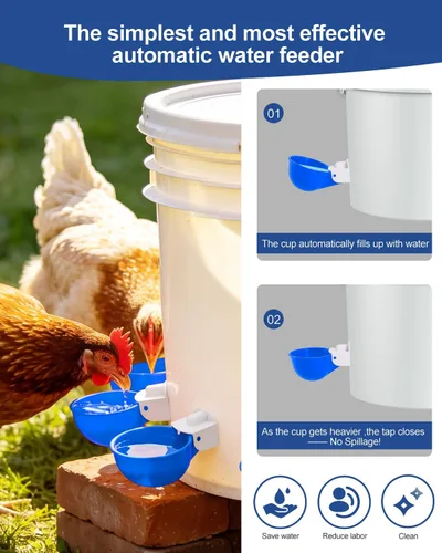 Miniatura 3 de Vasos para beber pollo (paquete de 8) con broca de 3/8 pulgadas, color azul Automatic Poultry Drinker Feeder Kit for Chickens, Ducks, Turkeys