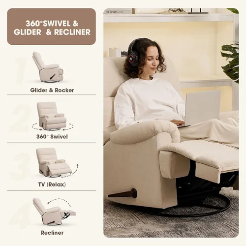 Miniatura 8 de Mecedora Divanus, grande, estilo balancín, reclinable, beige, giratoria, silla reclinable con respaldo alto, para cuarto de bebé o sala de estar