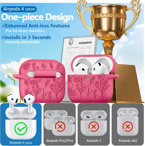 Miniatura 2 de Ekoonpft - Funda para Airpods 4, fundas grabadas con flores para Apple AirPods de 4ª generación 2024, funda de silicona suave para mujeres con kit