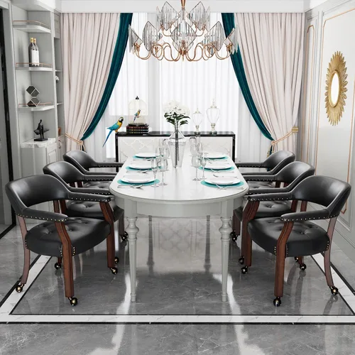 Miniatura 16 de Juego de 8 sillas de cuero de comedor con ruedas y brazos, silla de capitán Accent con ruedas, sillas de madera con ruedas enrollables para cocina