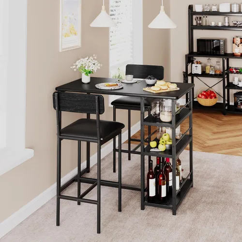 Miniatura 4 de Juego de mesa de comedor para 2 personas con 3 estantes de almacenamiento, juego de mesa de cocina de 3 piezas con 2 taburetes de bar tapizados