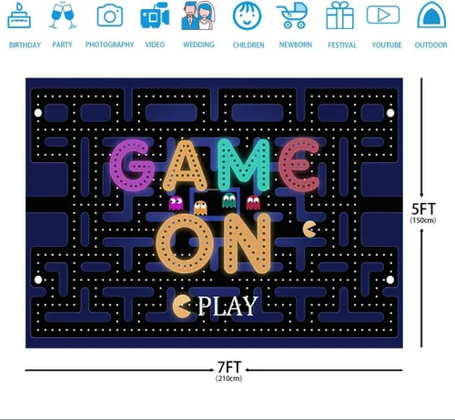 Miniatura 6 de Fondo de juego en laberinto de 7 x 5 pies, decoraciones de fiesta de videojuegos y suministros de fiesta de juegos, luces coloridas, fondo