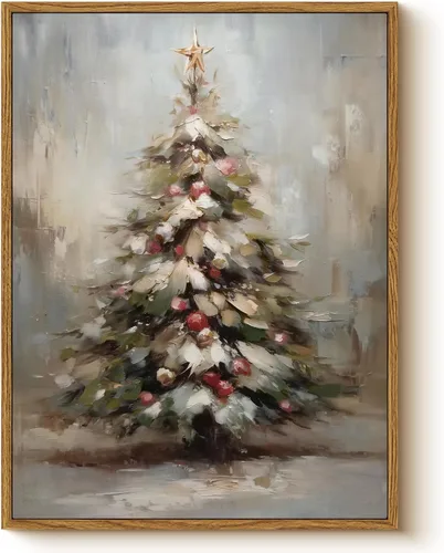 Miniatura 10 de Arte de pared con trineo, árbol navideño y cajas de regalo, 12 x 16 pulgadas, lienzo enmarcado de Navidad, cuadro rústico festivo, obra de arte