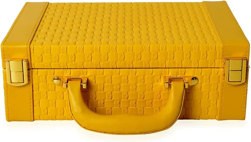 Shop LC - Organizador de regalos de joyería con textura tejida estilo breve de piel sintética con cerradura de asa color amarillo